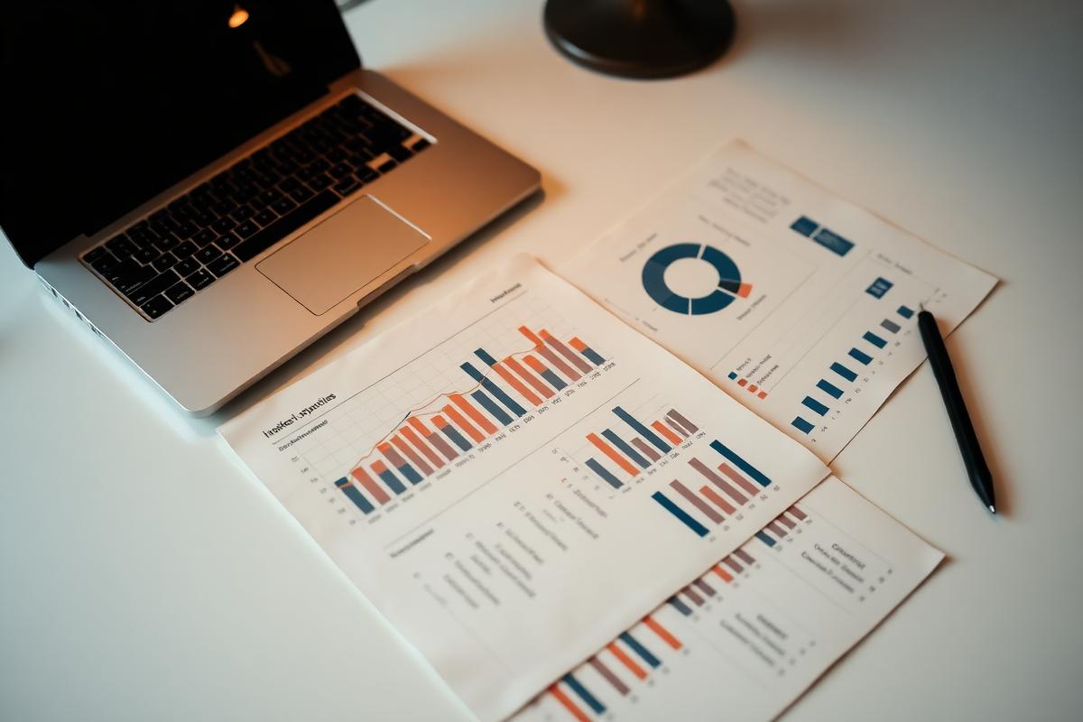 Printed statistical charts beside a laptop on a desk