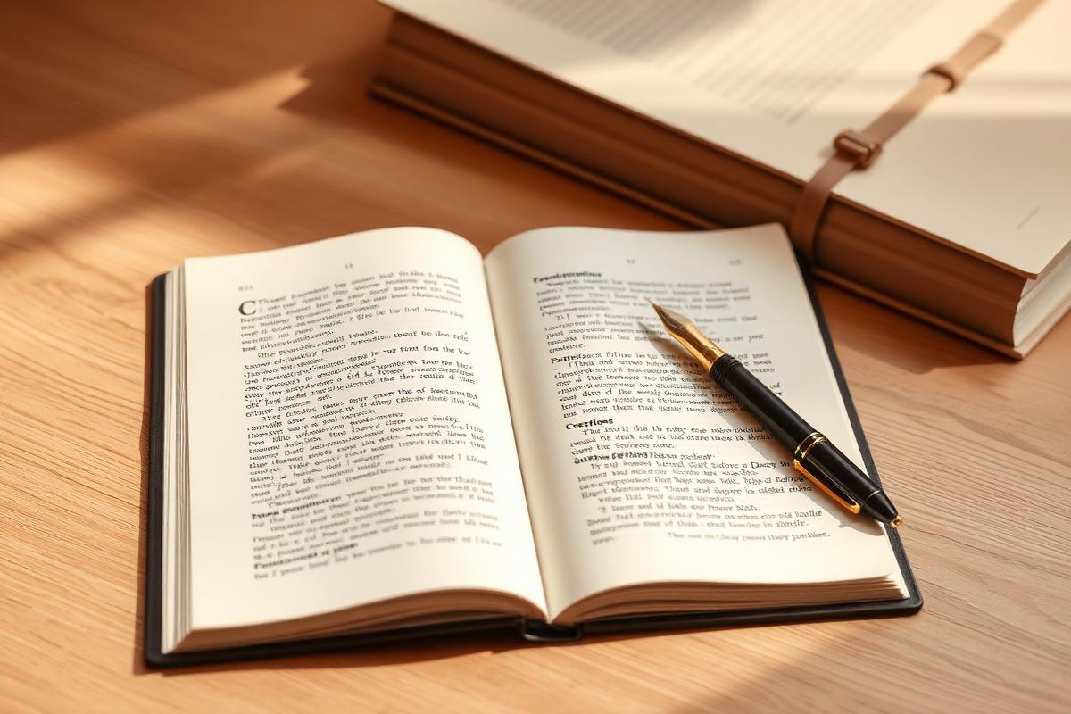 An open academic journal and fountain pen on a wooden desk