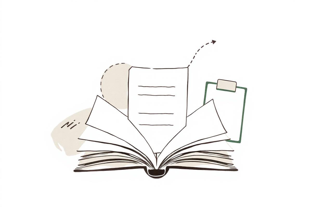 Open book, policy document and field clipboard connected by soft ink lines