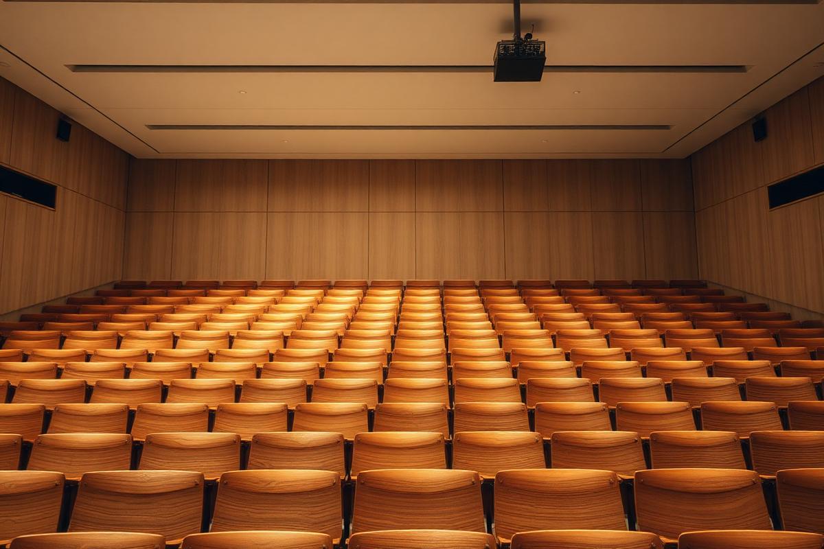 Rows of empty wooden seats in a university lecture hall